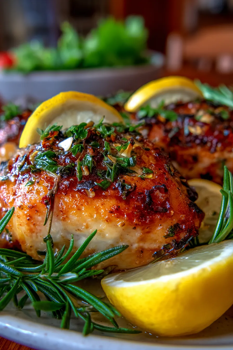 Golden crispy chicken skin with fresh rosemary