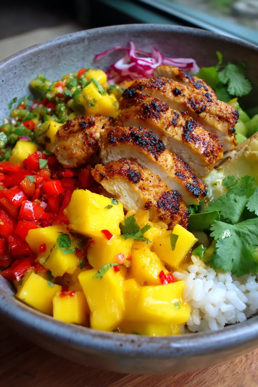 Healthy Mango Chicken Bowls | Clean Eating Dinner Recipe-finished bowl-closeup