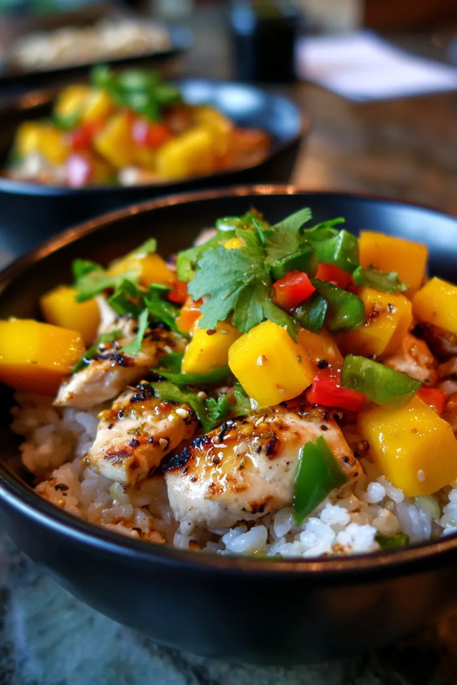 Healthy Mango Chicken Bowls | Clean Eating Dinner Recipe-garnished bowl-table setting