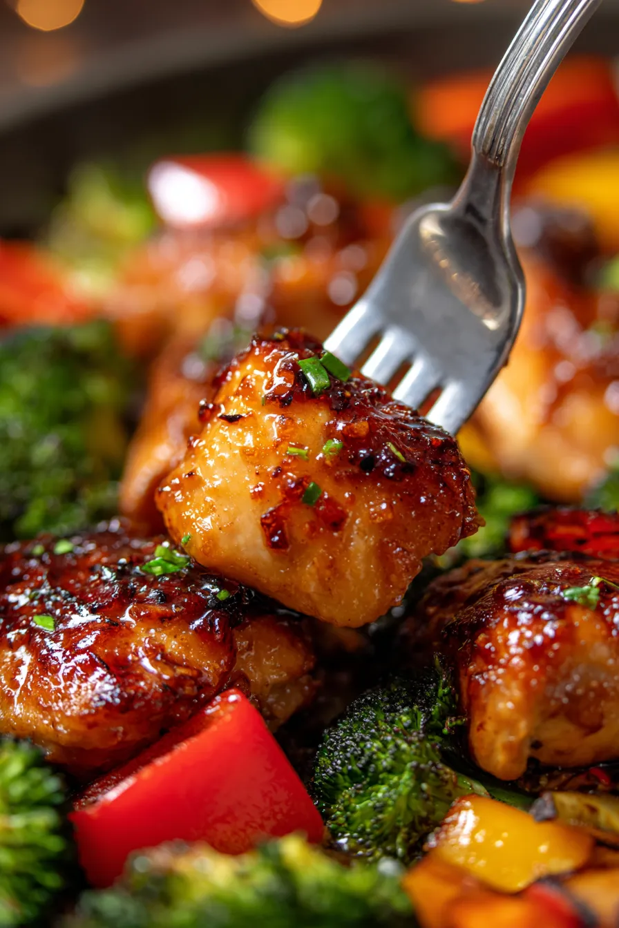 Honey Garlic Chicken - close-up - glazed - crisp vegetables