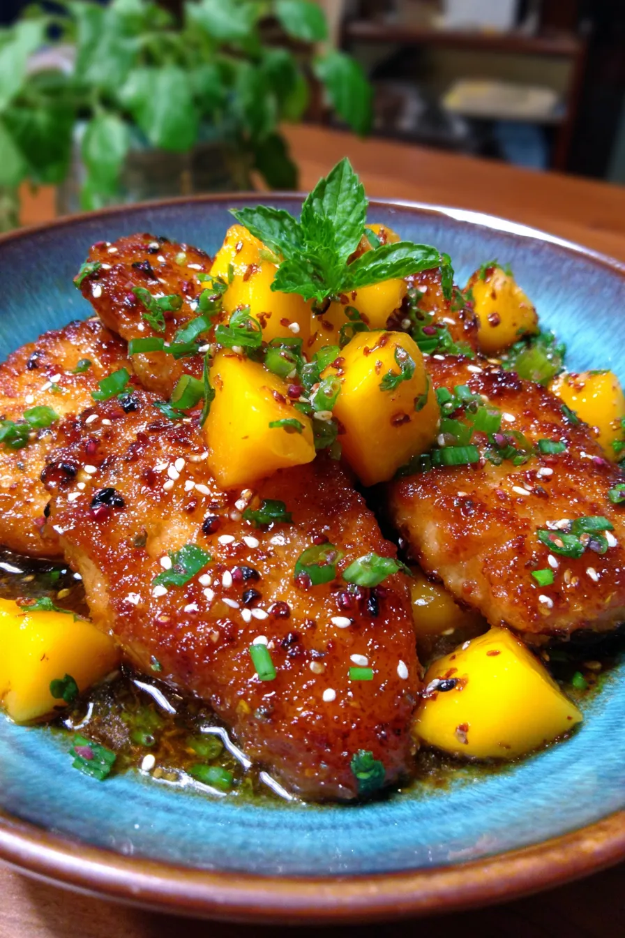 Ingredients for Sticky Mango Chicken laid out on a wooden board