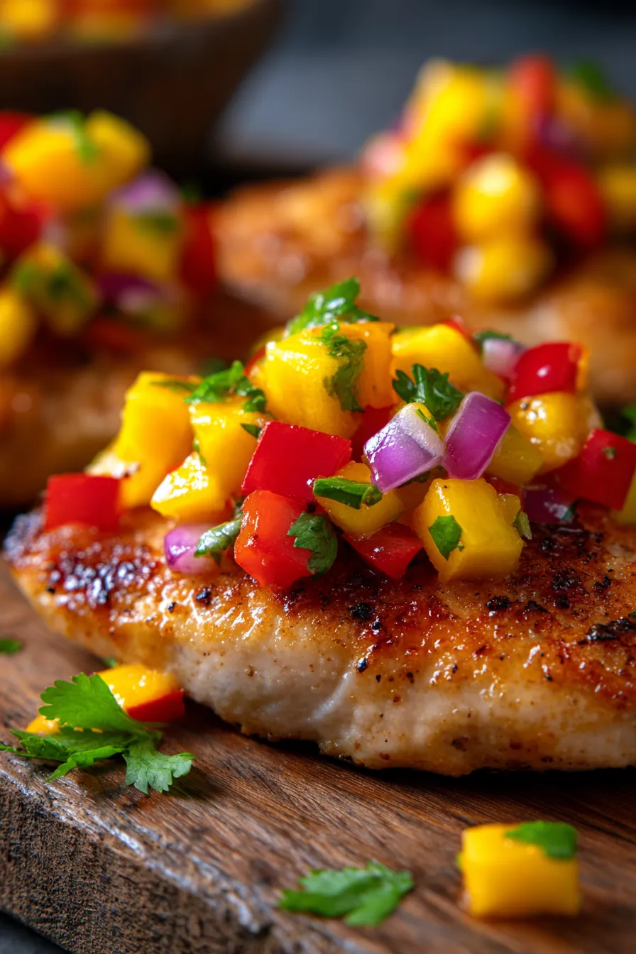 Mango Salsa Chicken ingredients colorful chopped fruits herbs