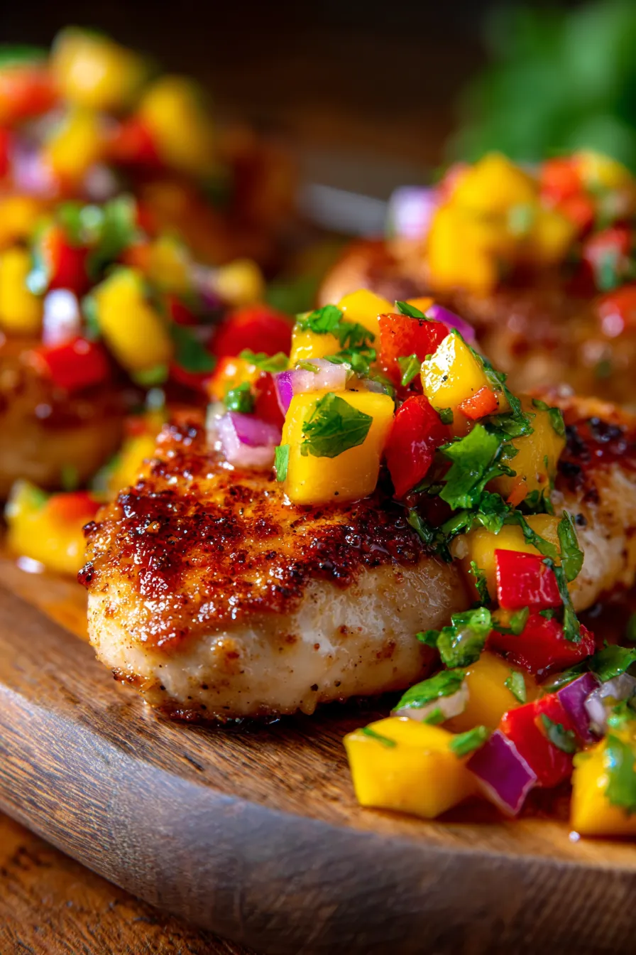 Mango Salsa Chicken juicy pan-seared chicken cutlets vibrant salsa closeup