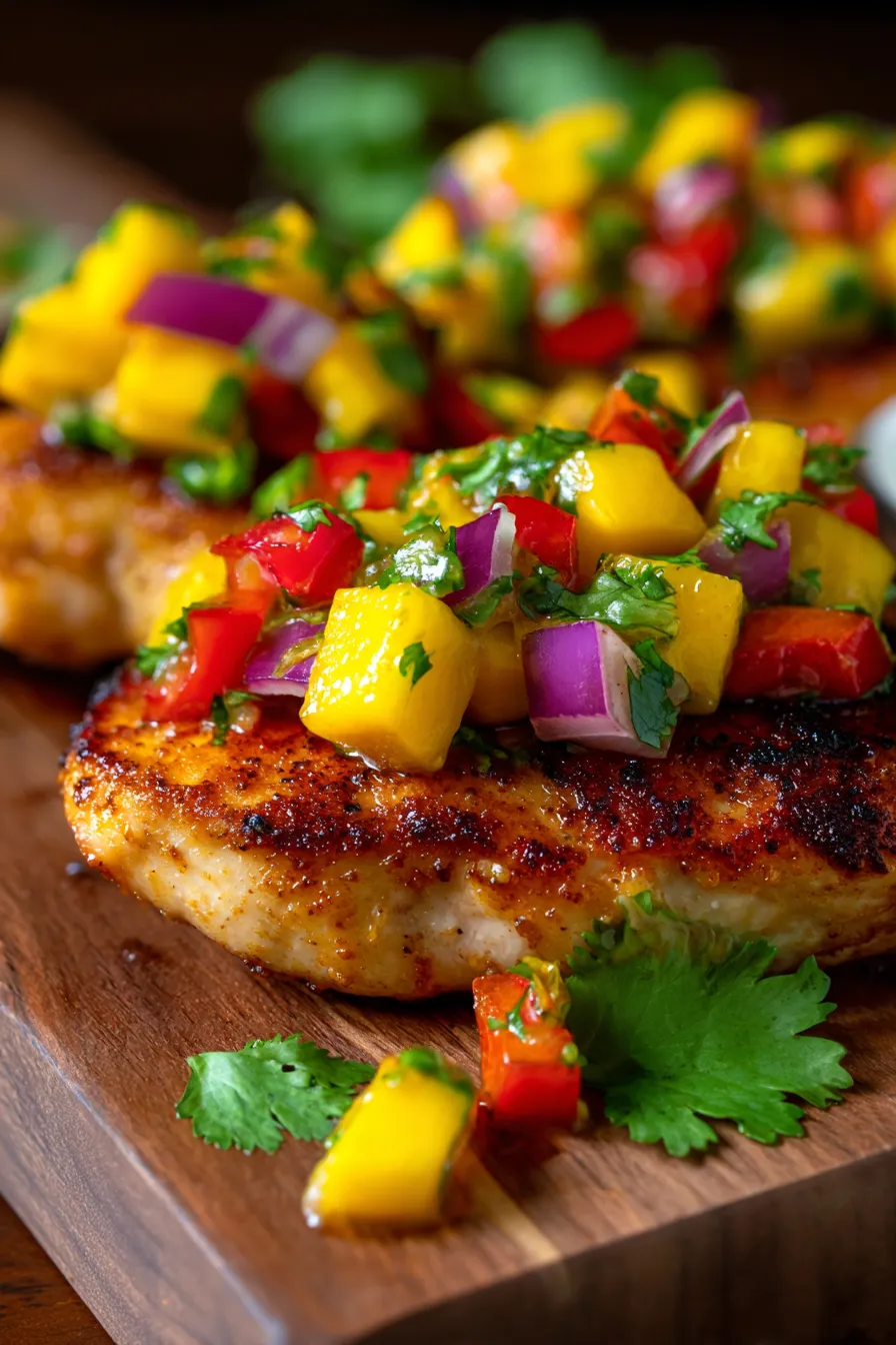 Mango Salsa Chicken plated served with fluffy rice and lime wedges