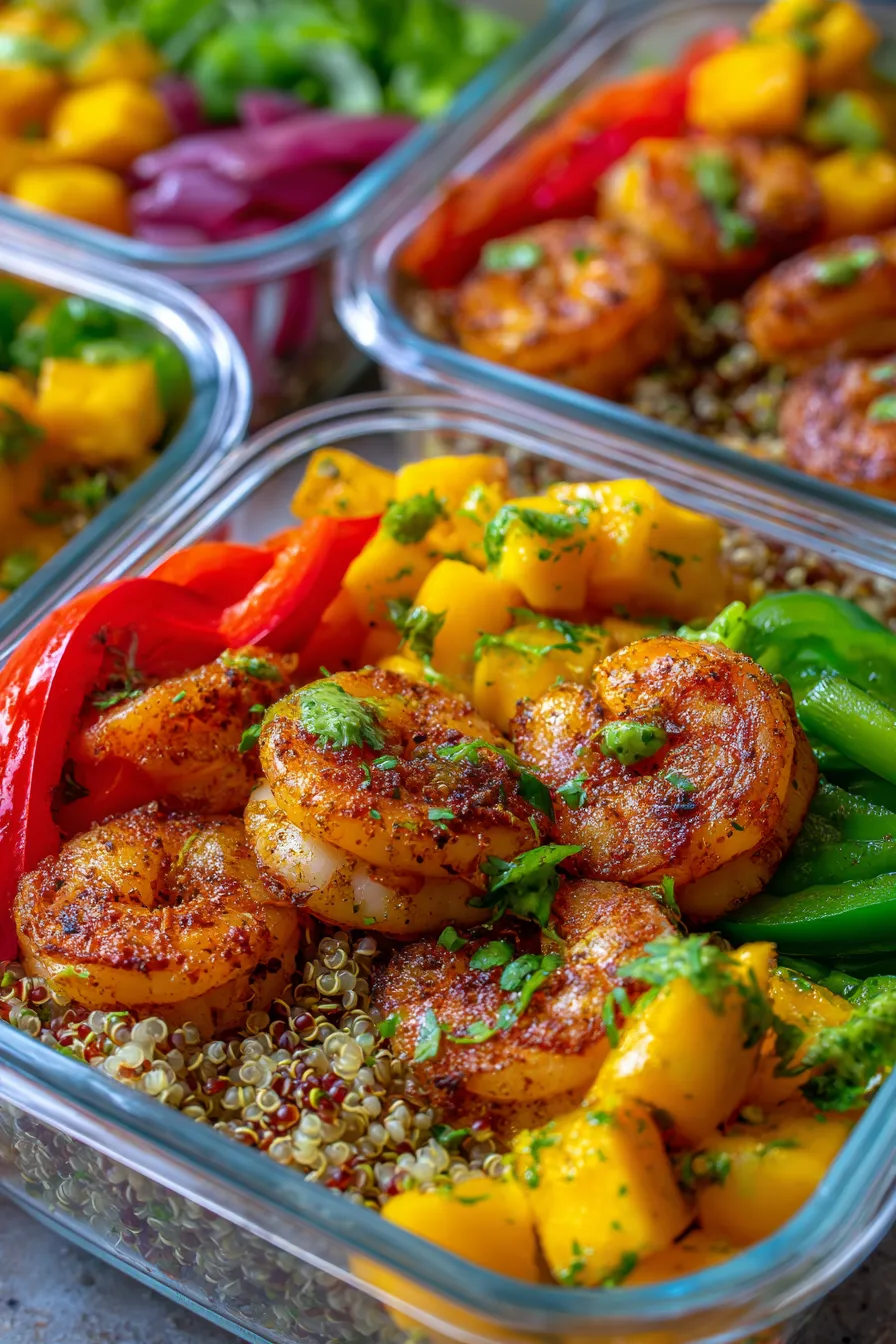Mango Shrimp Meal Prep Bowls - vibrant colors close-up