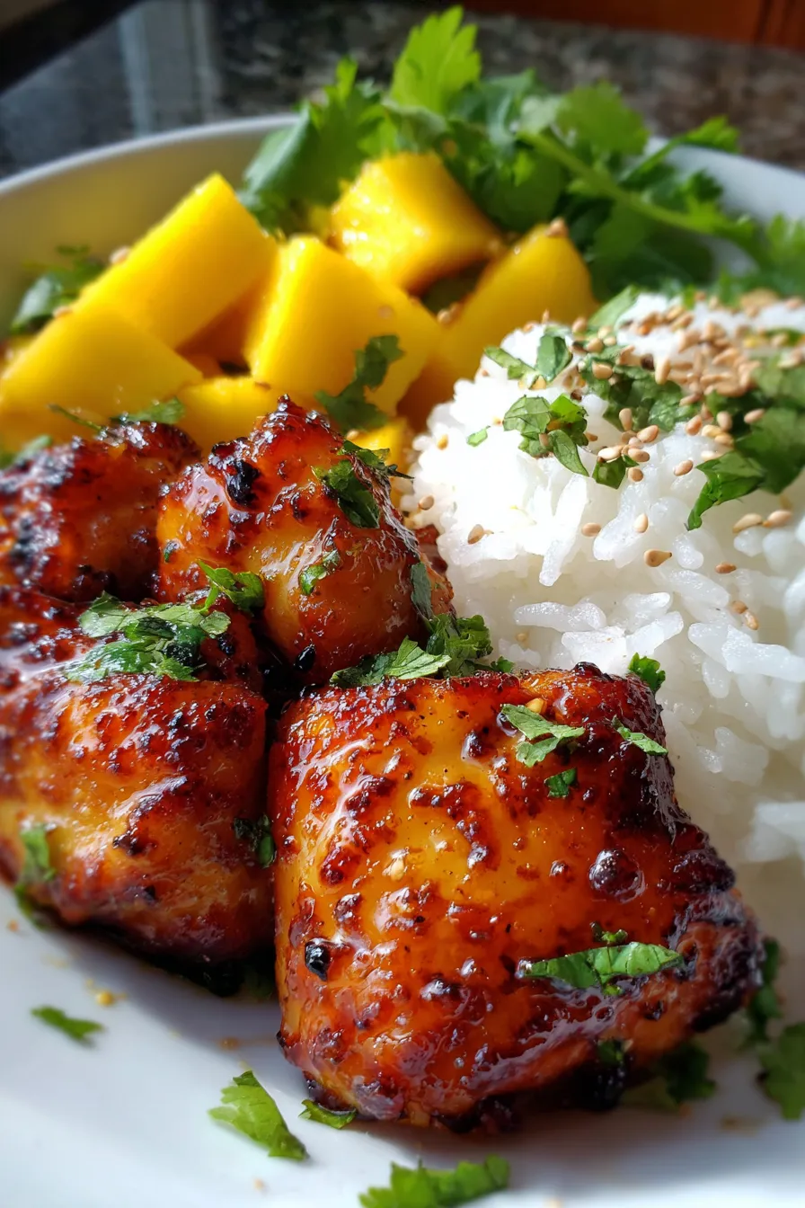 Mango Teriyaki Chicken Meal Prep - close up - caramelized texture