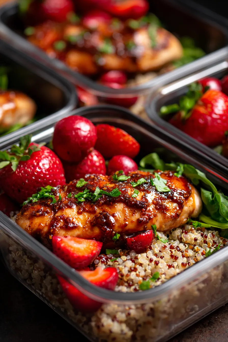 meal prep containers strawberry balsamic chicken fresh vegetables