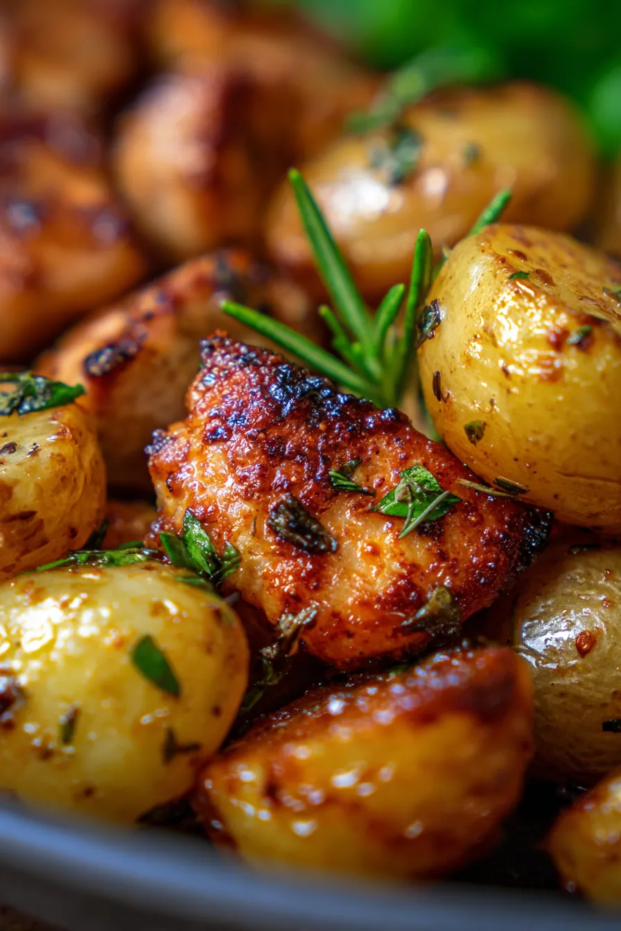 One Pan Baked Chicken and Potatoes-close up-juicy chicken-tender potatoes-garlic aroma-side lighting