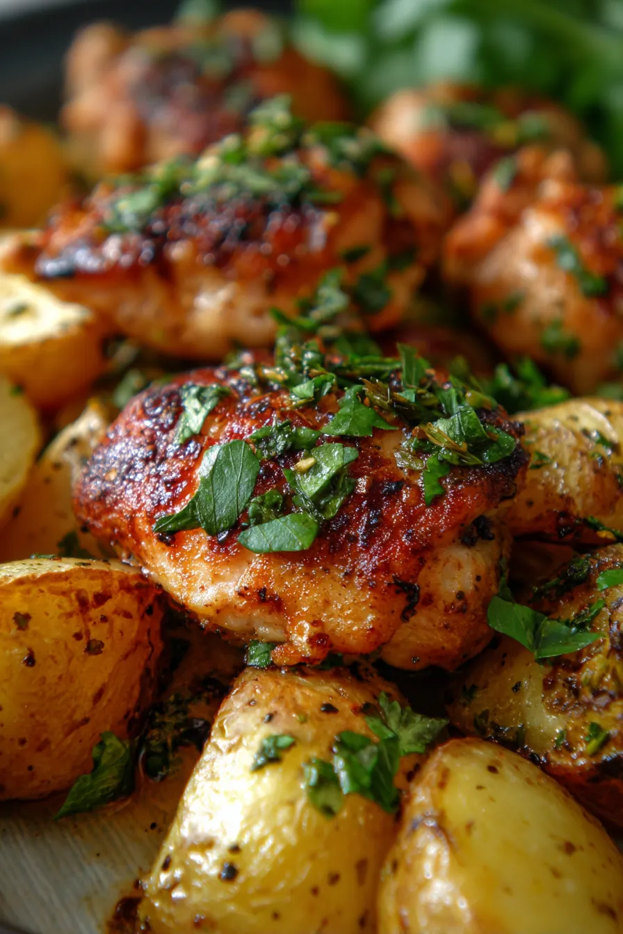 One Pan Baked Chicken and Potatoes-ingredients-fresh herbs-olive oil-spices-rustic wooden board