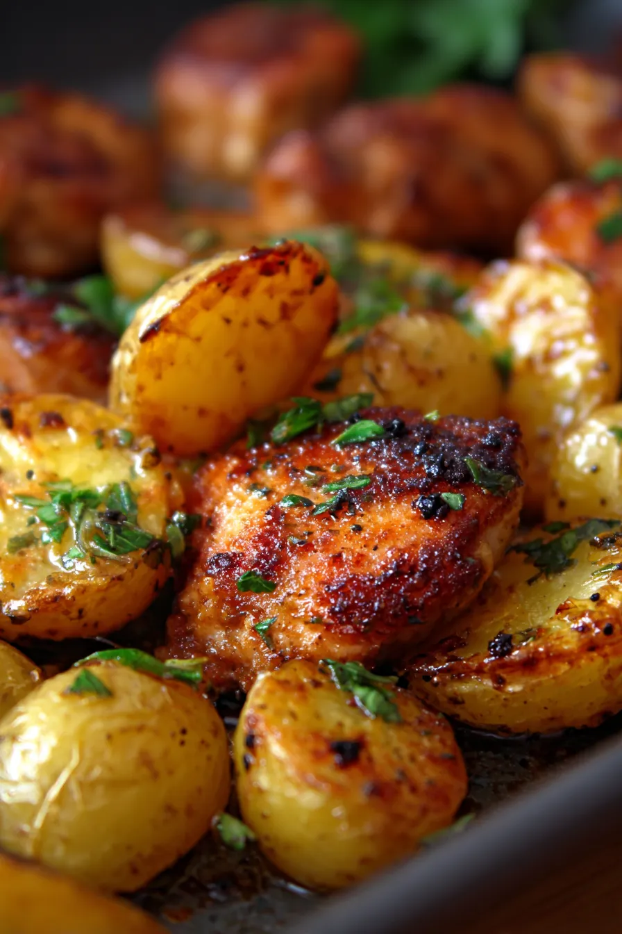 One Pan Baked Chicken and Potatoes-serving dish-steam rising-comfort food-family style-warm lighting