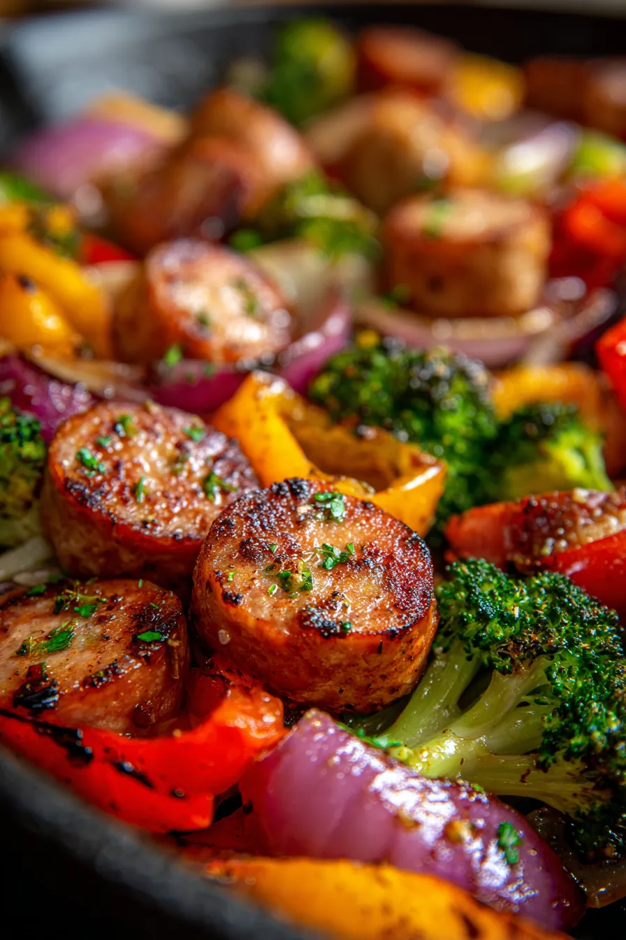 One-Pan Sausage & Veggie Bake-veggies-roasted-vibrant