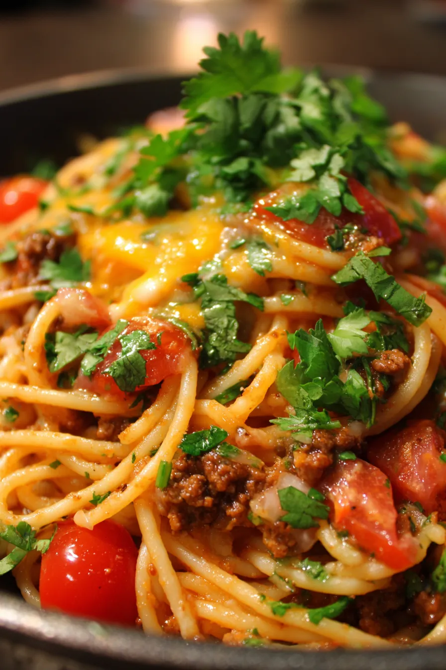 One-Pot Taco Spaghetti creamy texture closeup