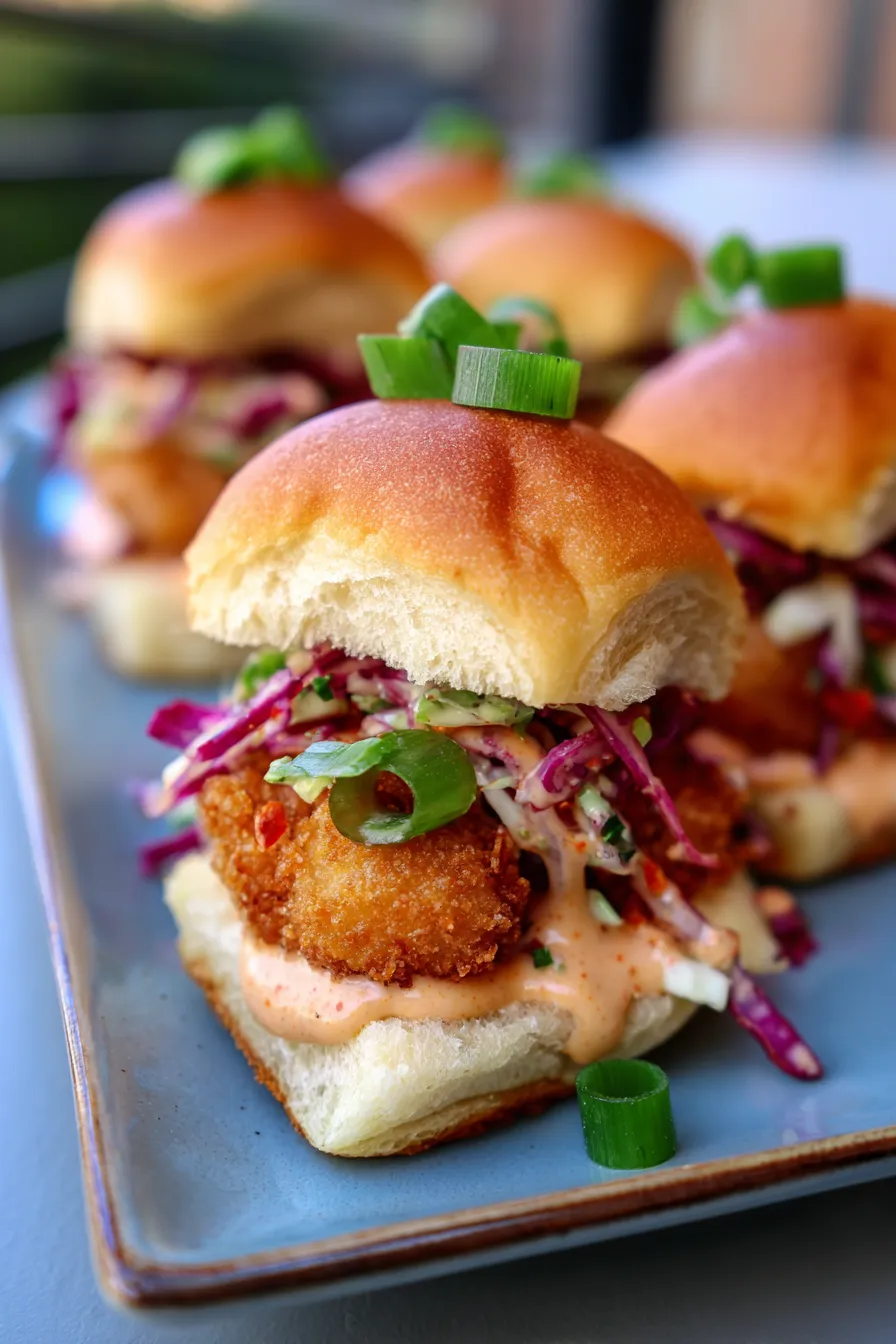 overhead shot of mini Bang Bang chicken sandwiches