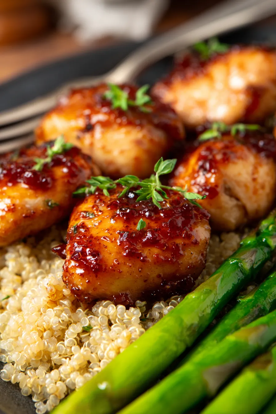Rhubarb Glazed Chicken Meal Prep - plated with sides - overhead