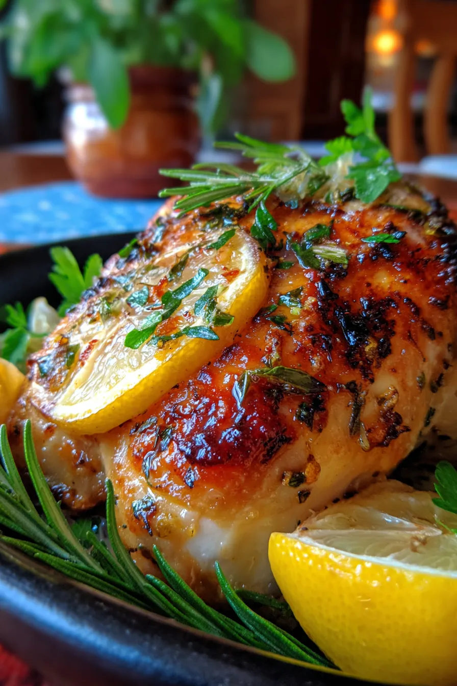 Roasted chicken with lemon and herbs close up