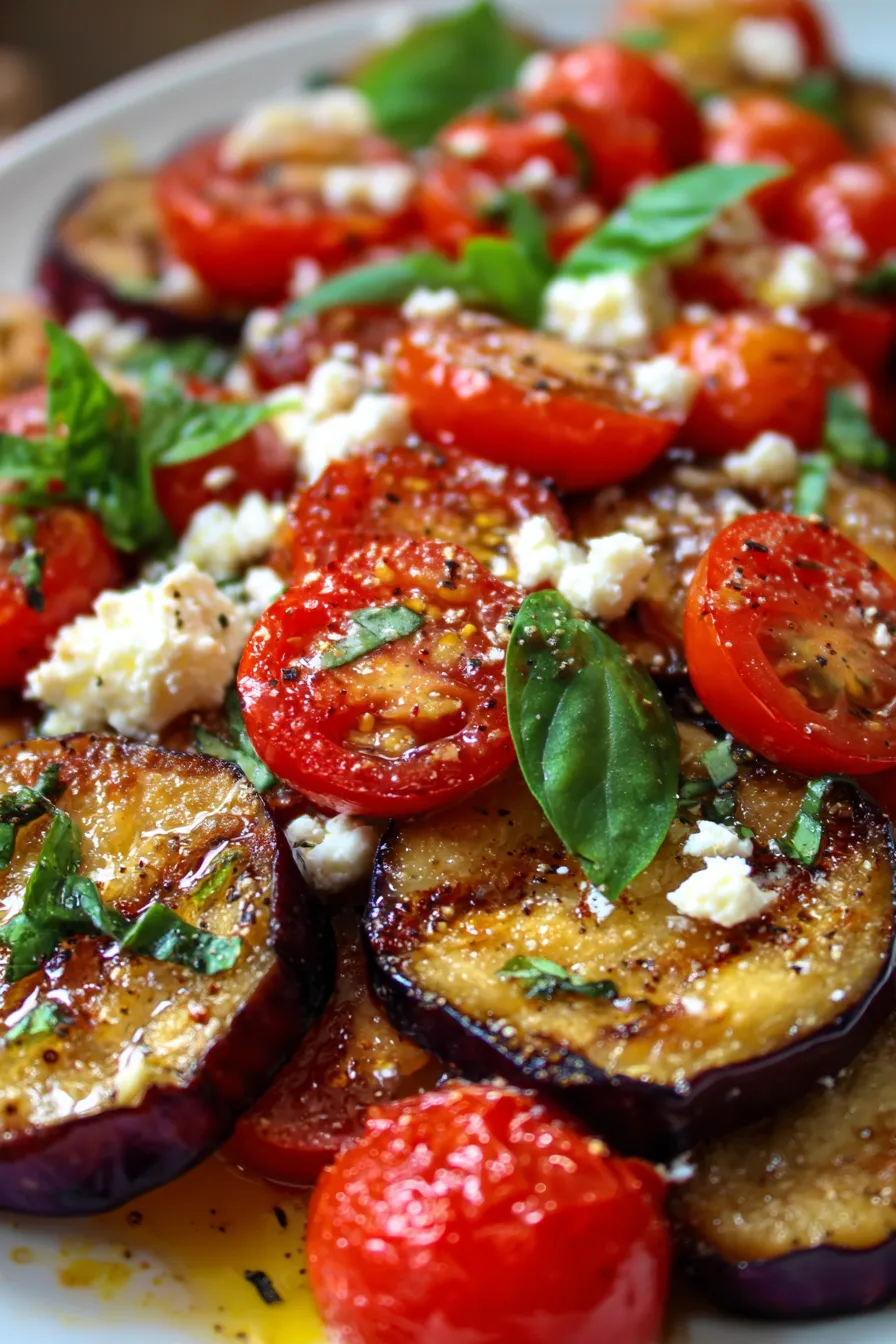 Roasted Eggplant and Tomato plated with herbs