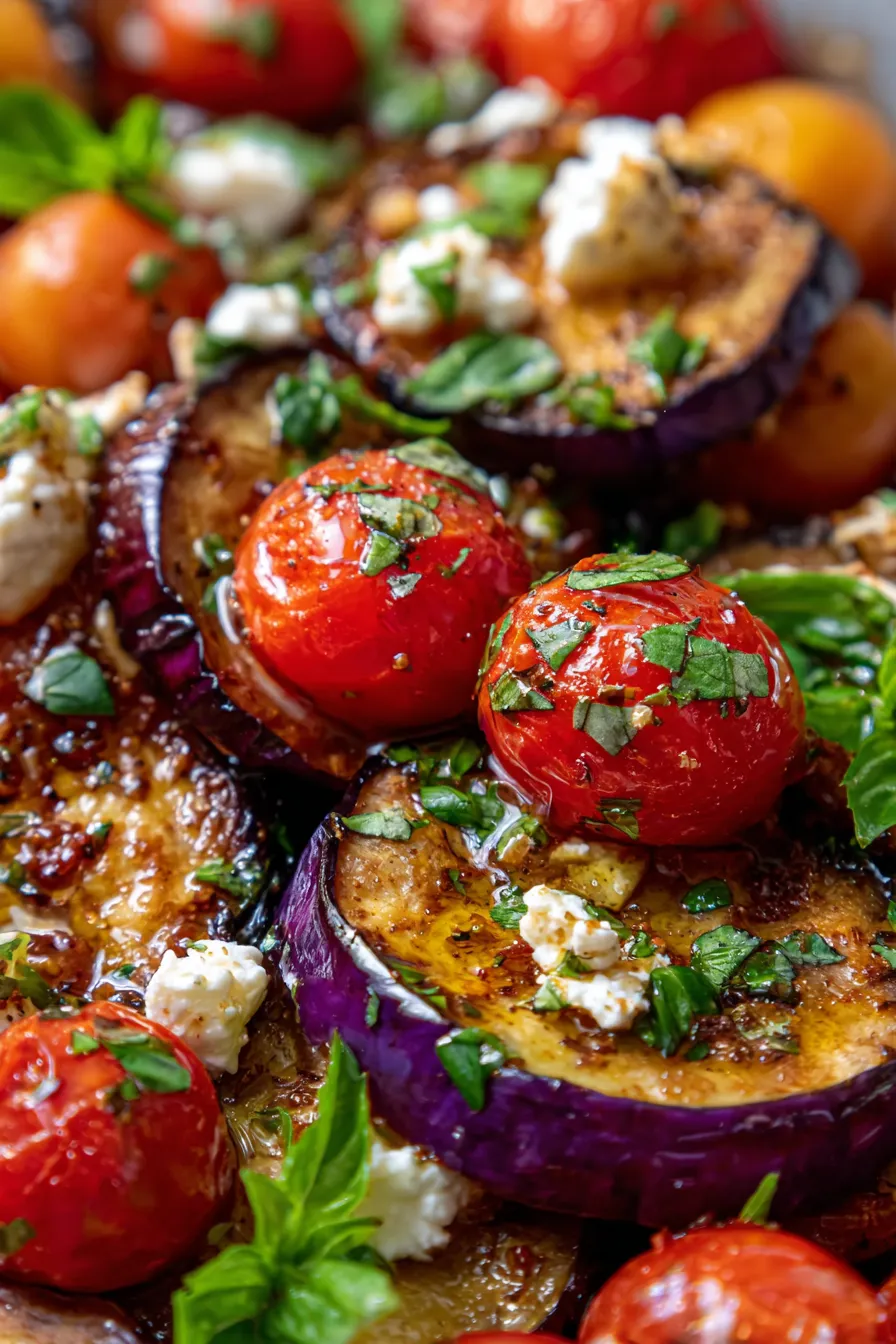 Roasted Eggplant and Tomato vibrant colors close up