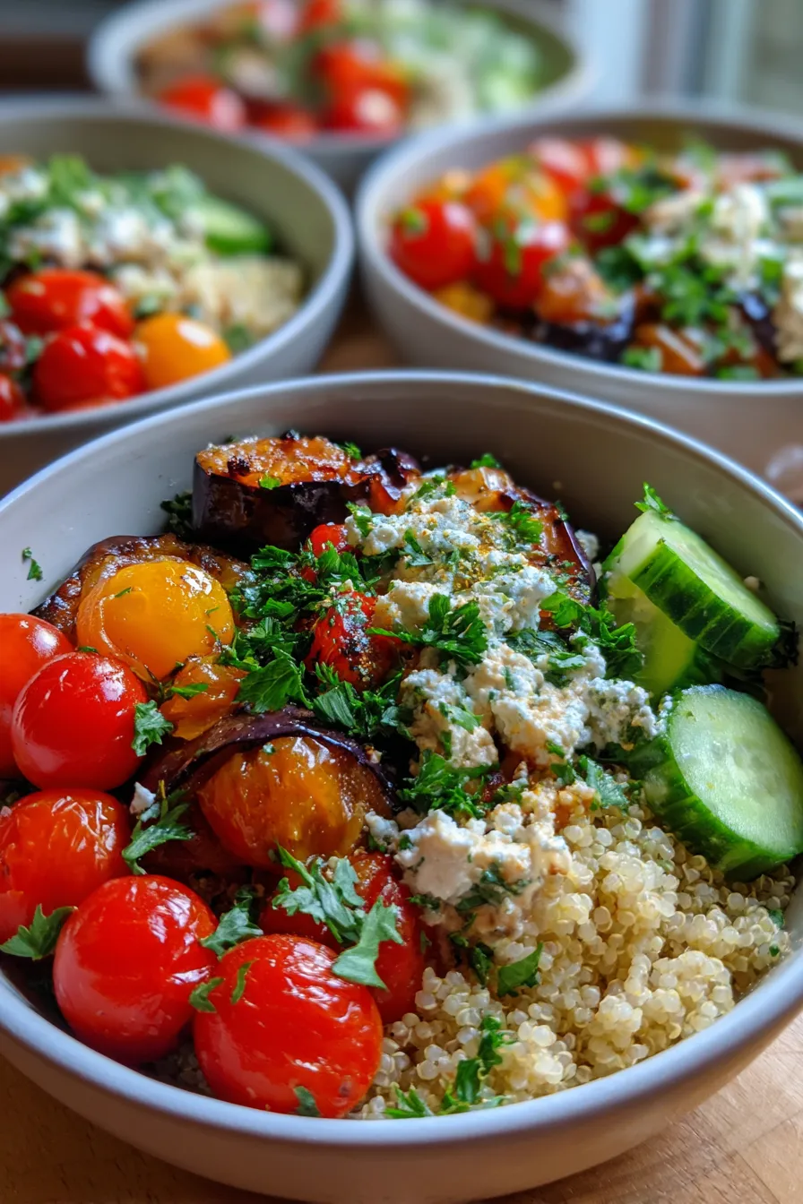 Roasted Eggplant Meal Prep Bowls - arranged - textures - soft lighting