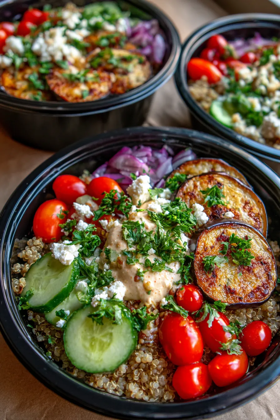 Roasted Eggplant Meal Prep Bowls - healthy ingredients - close up - fresh