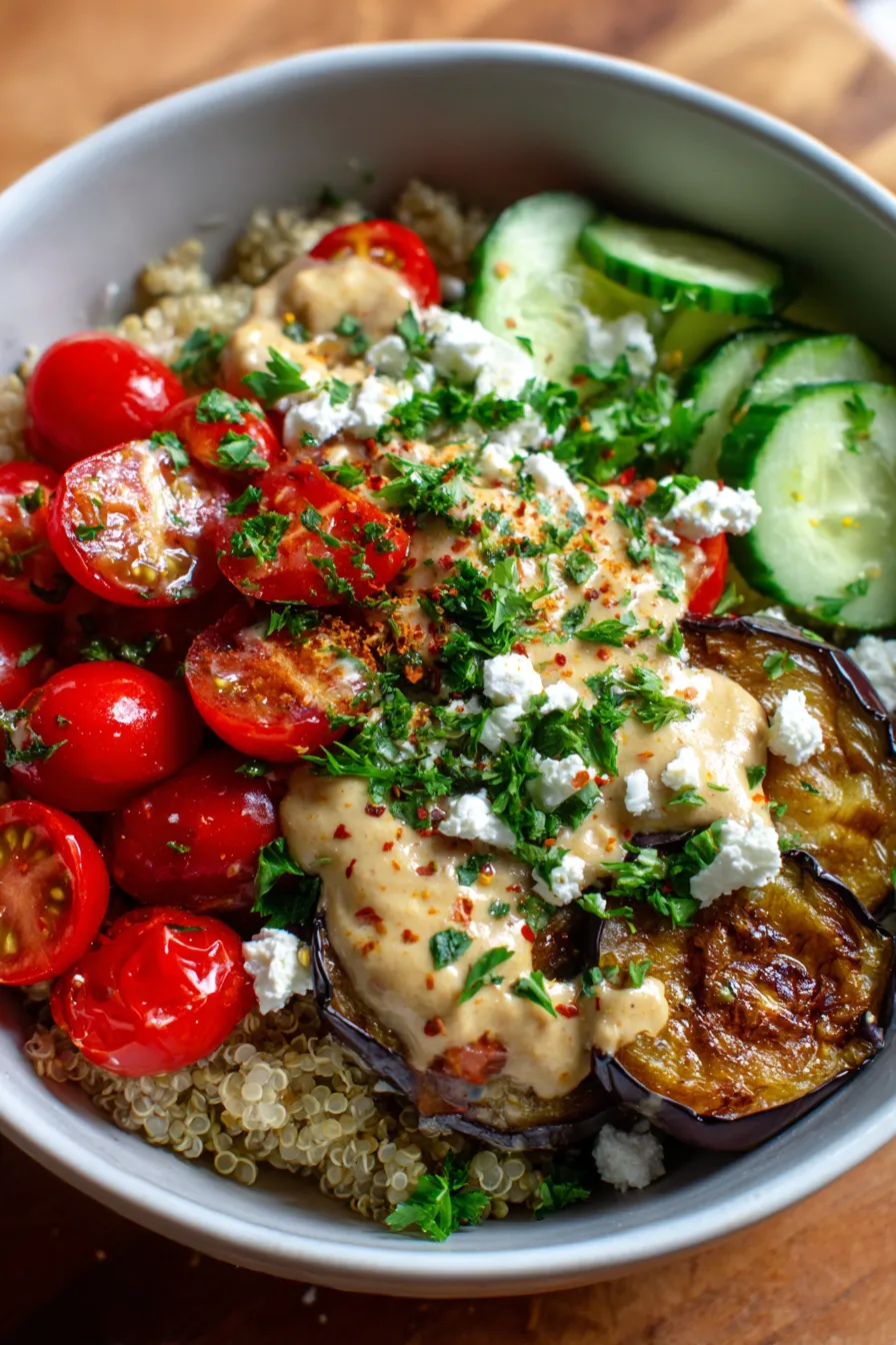 Roasted Eggplant Meal Prep Bowls - individual serving - top-down view - appetizing
