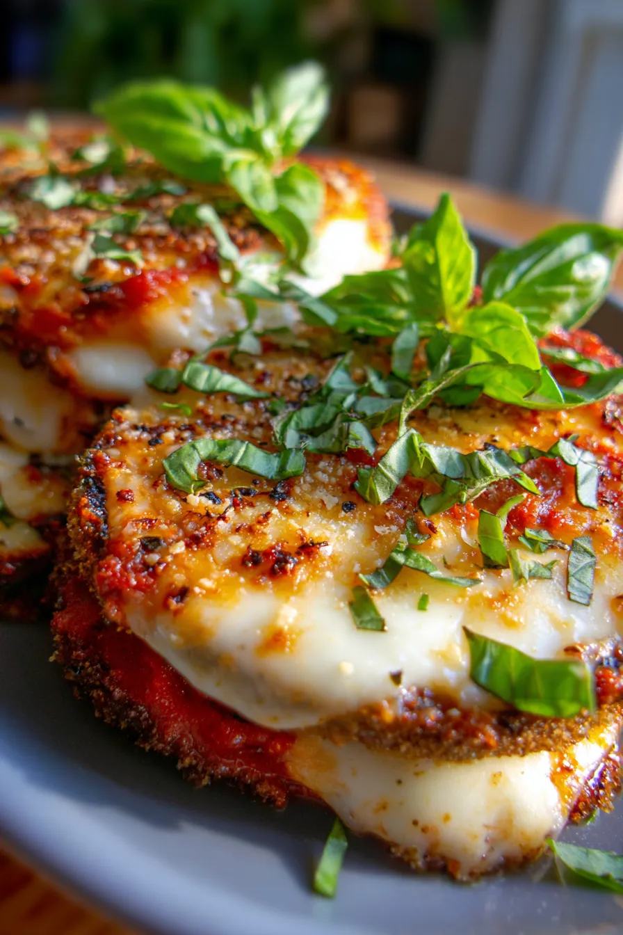 Serving of Eggplant Parmesan - fresh basil garnish - side view