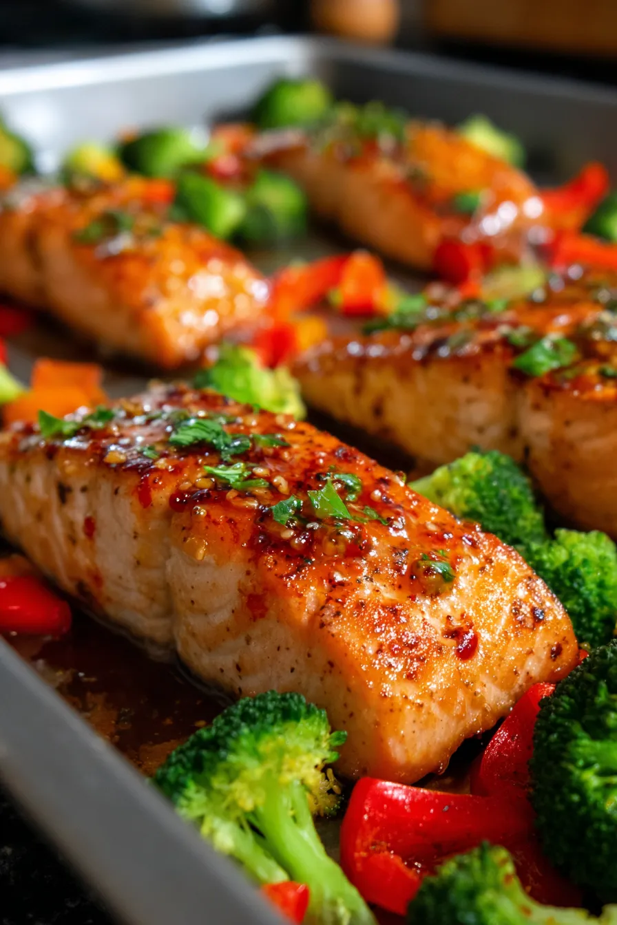 Sheet Pan Honey Garlic Salmon-cooking on sheet pan-overhead