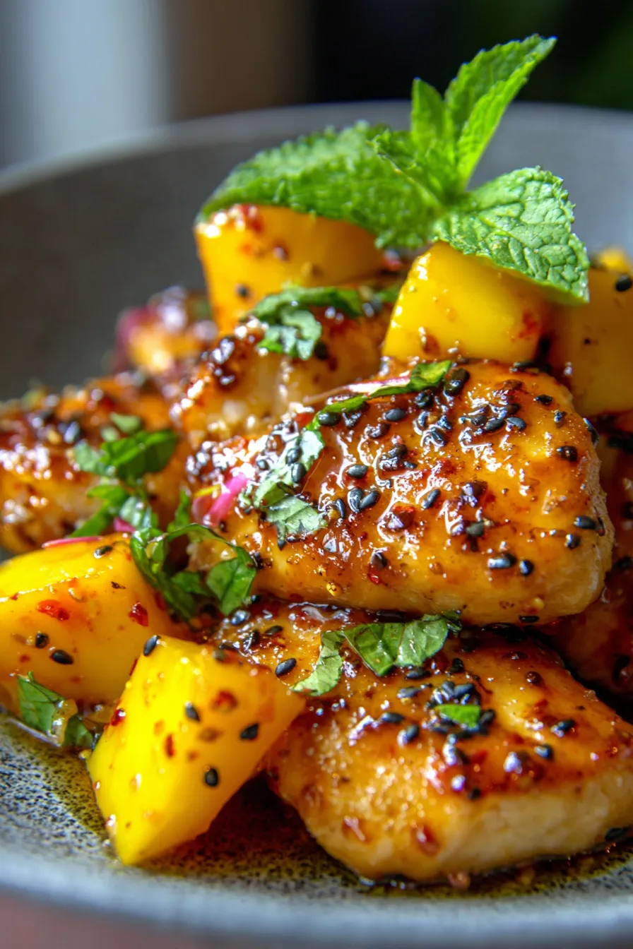 Sticky Mango Chicken served with rice, garnished with green onions
