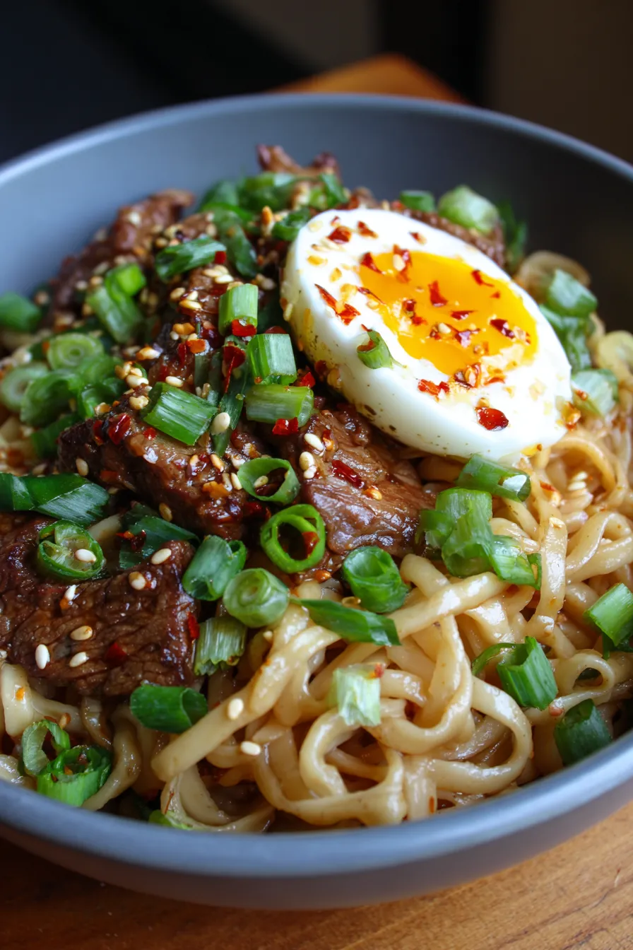 Sticky Mongolian Beef Noodles - fresh ingredients - mise en place - flat lay