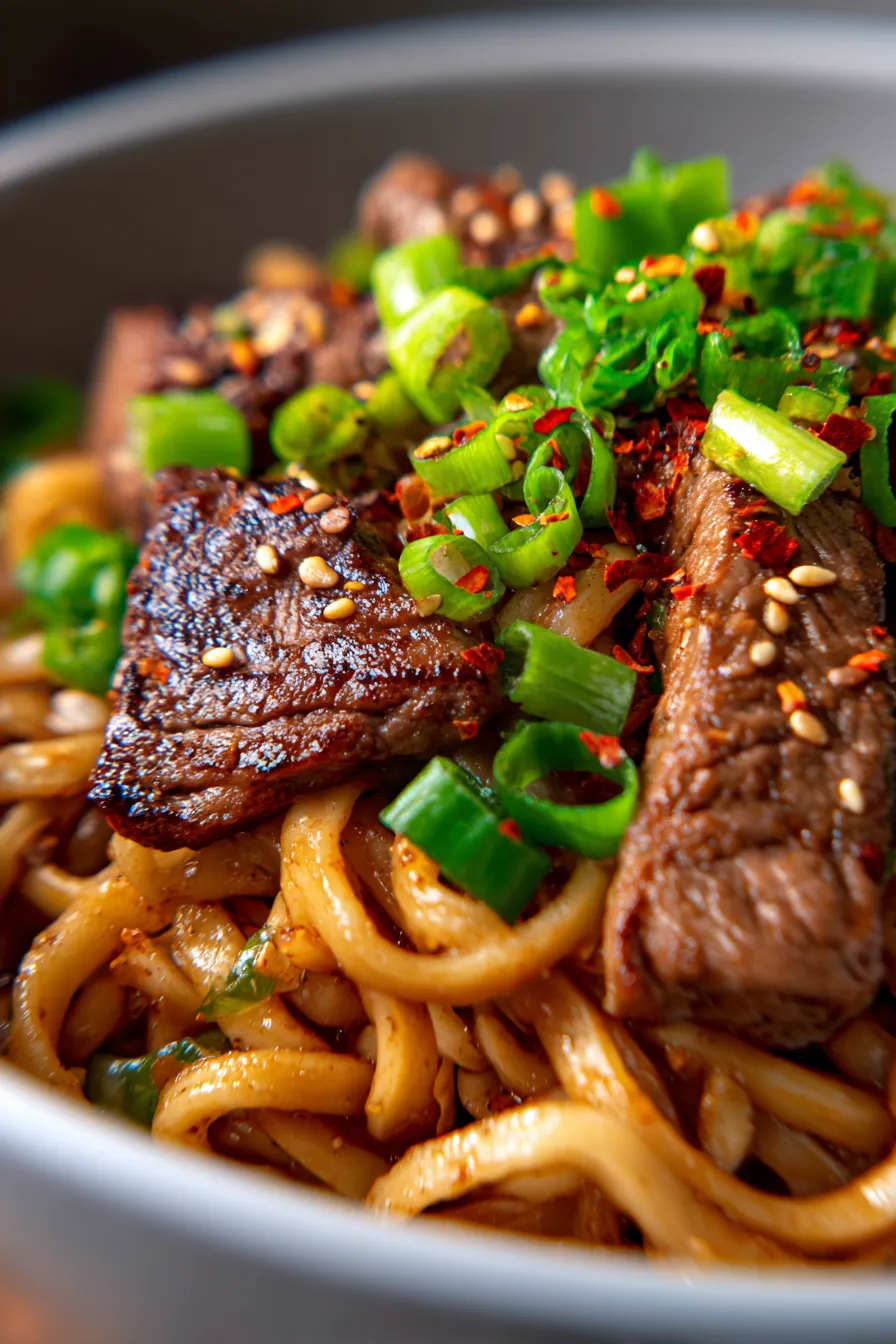 Sticky Mongolian Beef Noodles - glistening sauce - beef strips - close-up