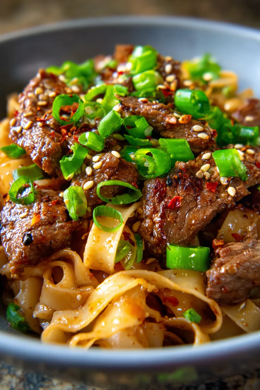 Sticky Mongolian Beef Noodles - plated bowl - chopsticks - action shot