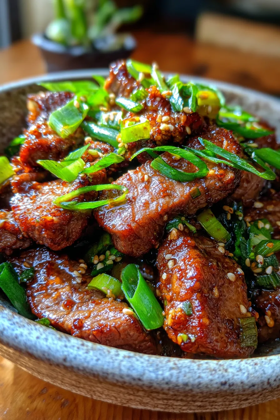 sticky sesame beef close-up