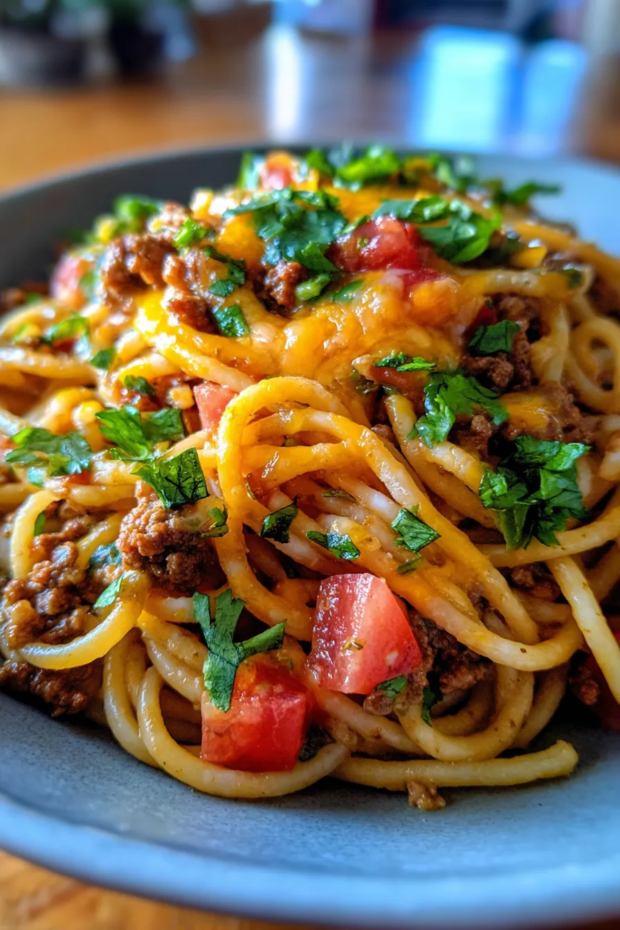 Taco Spaghetti with melted cheese garnish
