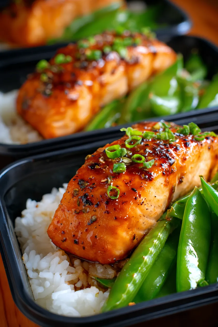 Teriyaki Salmon & Snap Pea Boxes - closeup - vibrant colors