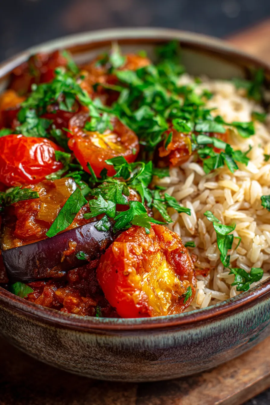Vegetarian Eggplant Dish - Rice Meal - Fresh Herbs Garnish