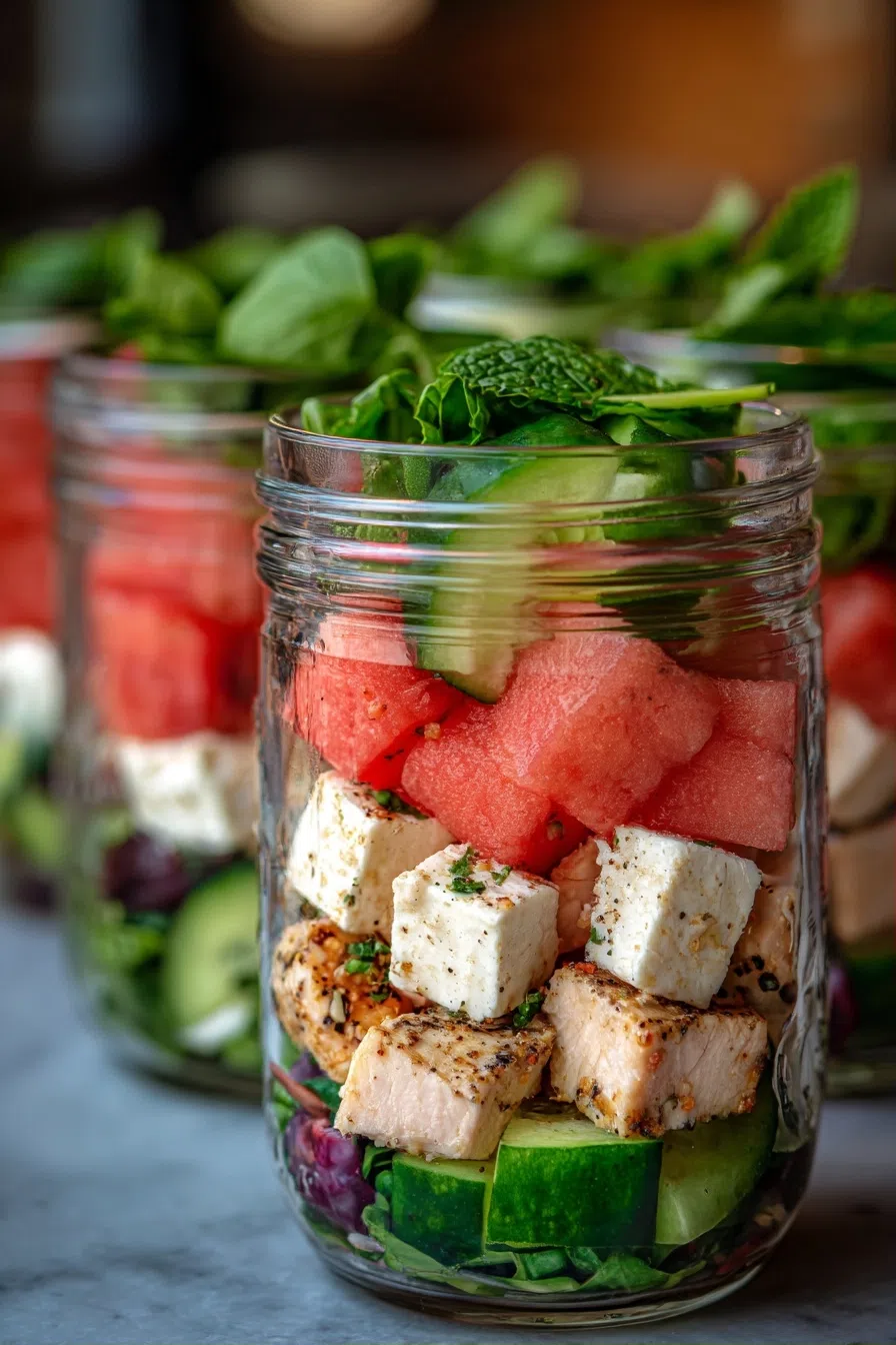 Watermelon Feta Chicken Salad Jars Recipe