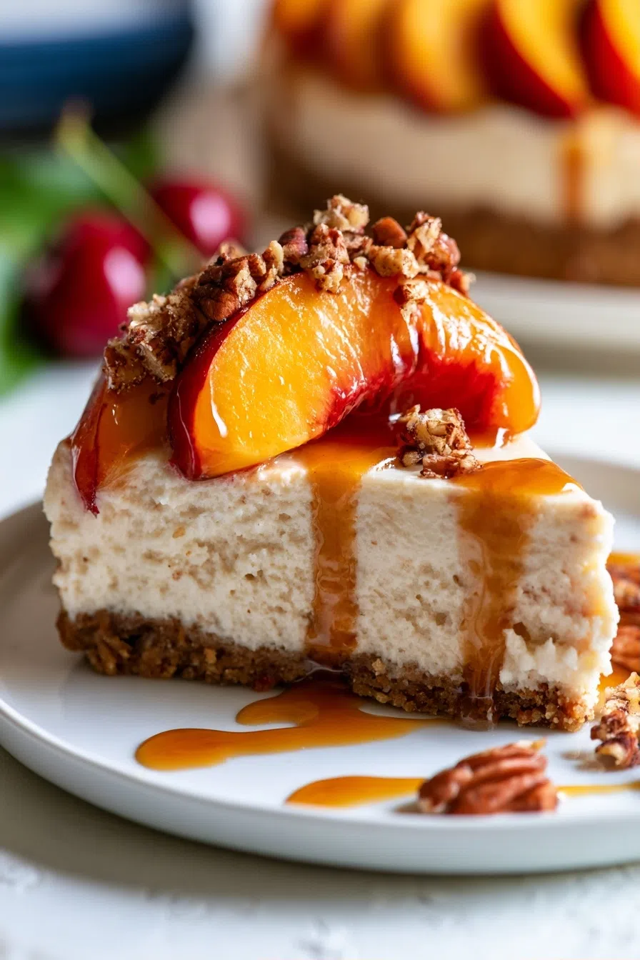 Creamy Peach Cheesecake on Buttery Pecan Crust